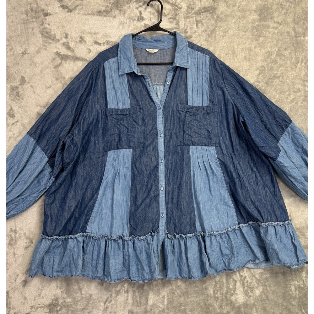 Long Sleeve Denim Shirt Colorblock Ruffle Hem 22/24W